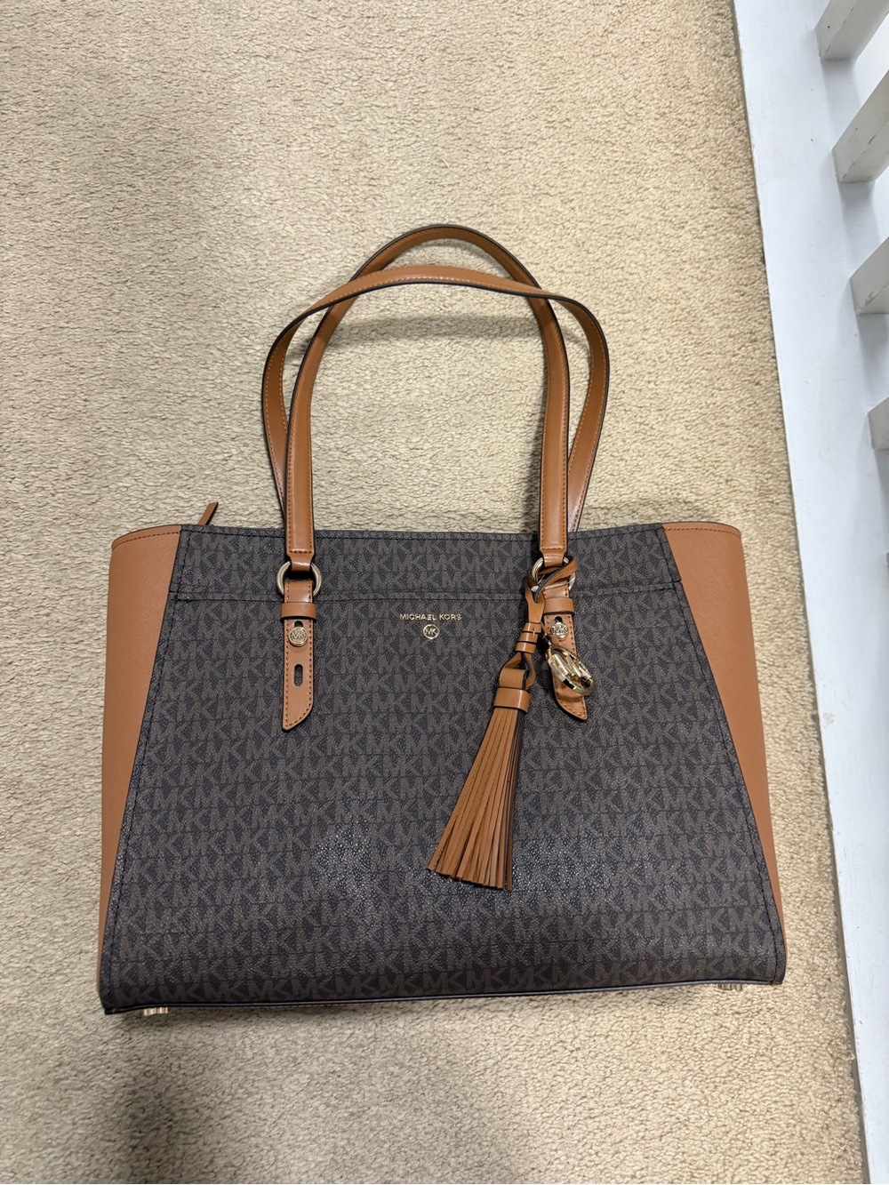 Michael Kors Brown Logo Tote with Tan Leather Trim